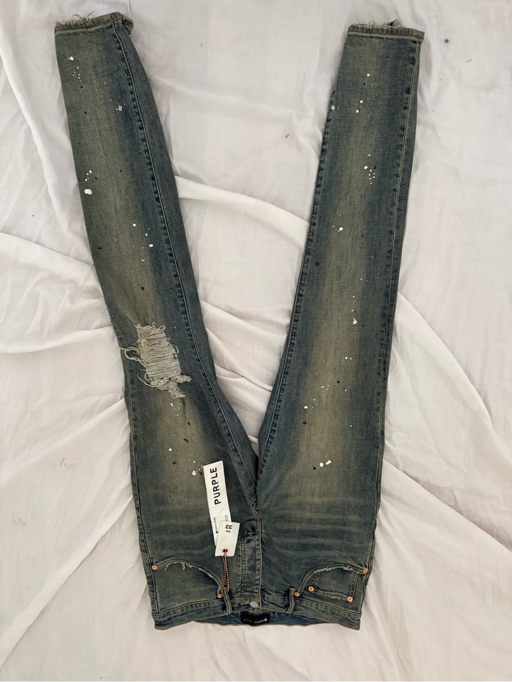 Purple Men Skinny Jeans in Washed Green with Distressed Details